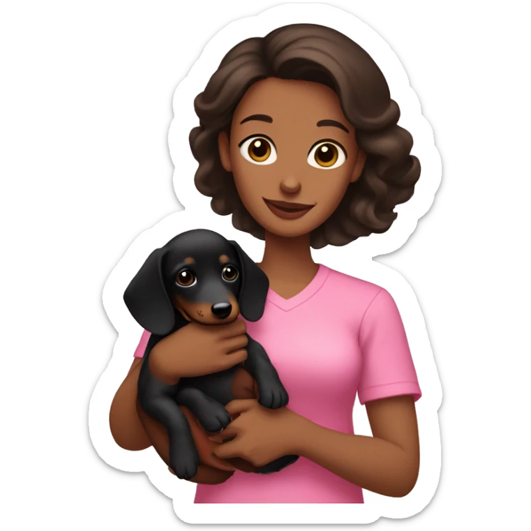 a brunette woman in a pink shirt, with light skin, holding black dachshund puppy in her arms lovingly sticker