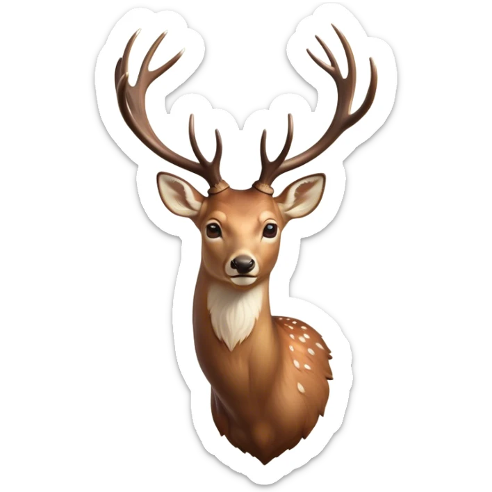 Cinematic Noble Deer Portrait Emoji, Poised and regal, with a graceful, slender build and a dappled Fur of warm browns and creams, elegant antlers crowning its head, deep-set soulful gentle eyes, Simplified yet sharp and sophisticated features, highly detailed, glowing with a soft, dignified glow, high shine, intelligent and serene, stylized with an air of forest majesty, focused and attentive, soft glowing outline, capturing the essence of a watchful woodland guardian, so majestic it feels as though it could gracefully leap out of the screen with effortless authority! sticker