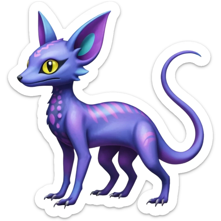 Rare epic aesthetic iridescent spooky gloomy colorful Salandit-Amaura-Espeon-Genet-species-Fakemon-hybrid-creature, with markings, full body sticker