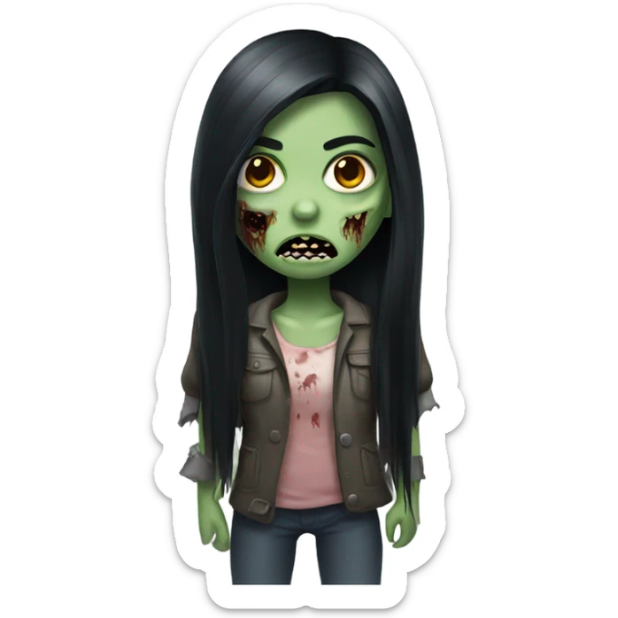 girl zombie with black long hair with teeth and serious face  sticker