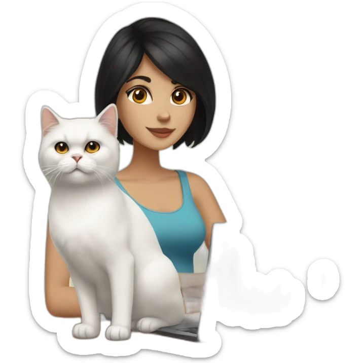 woman with black medium lenght hair and brown eyes with a laptop and a white and orange persian cat sticker