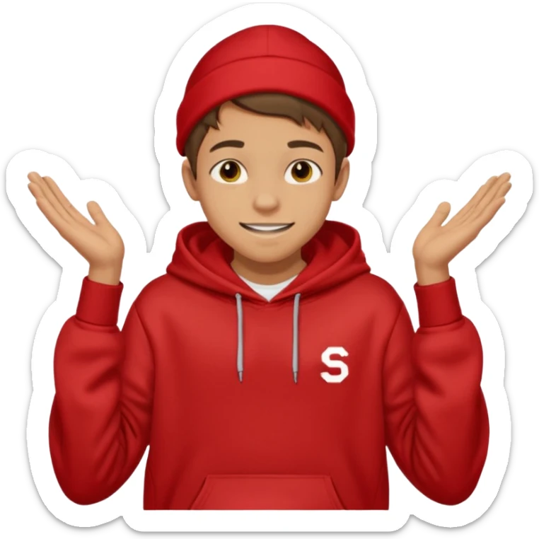 make me an emoji of an americain 15 yearold boy in a red hoodie that says "south" on it and give him with tan skin with his hands in his pockets with the sleevs pulled up grining with a jaw line sticker