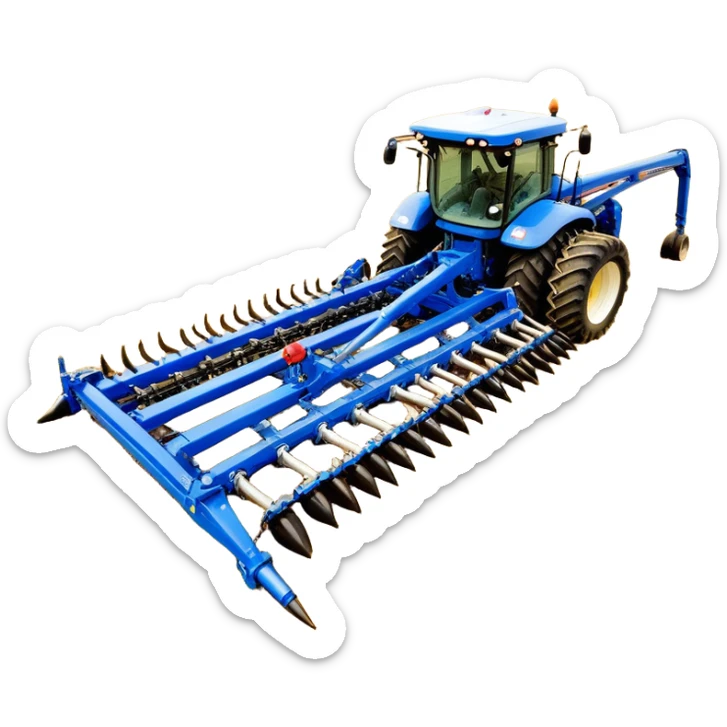 Bourgault 3420 Paralink Hoe Drill (2022) – Cinematic-realistic Bourgault 3420 Paralink Hoe Drill, its massive blue frame stretching across the vast fields. The powerful machine plants seeds with pinpoint accuracy as the sun rises over the horizon, golden dust swirling in the crisp morning air. sticker