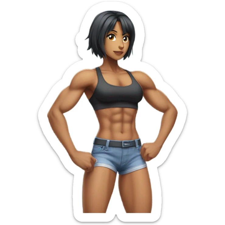 Anime woman bodybuilder with six pack and beautiful faces. From head to feet picture sticker