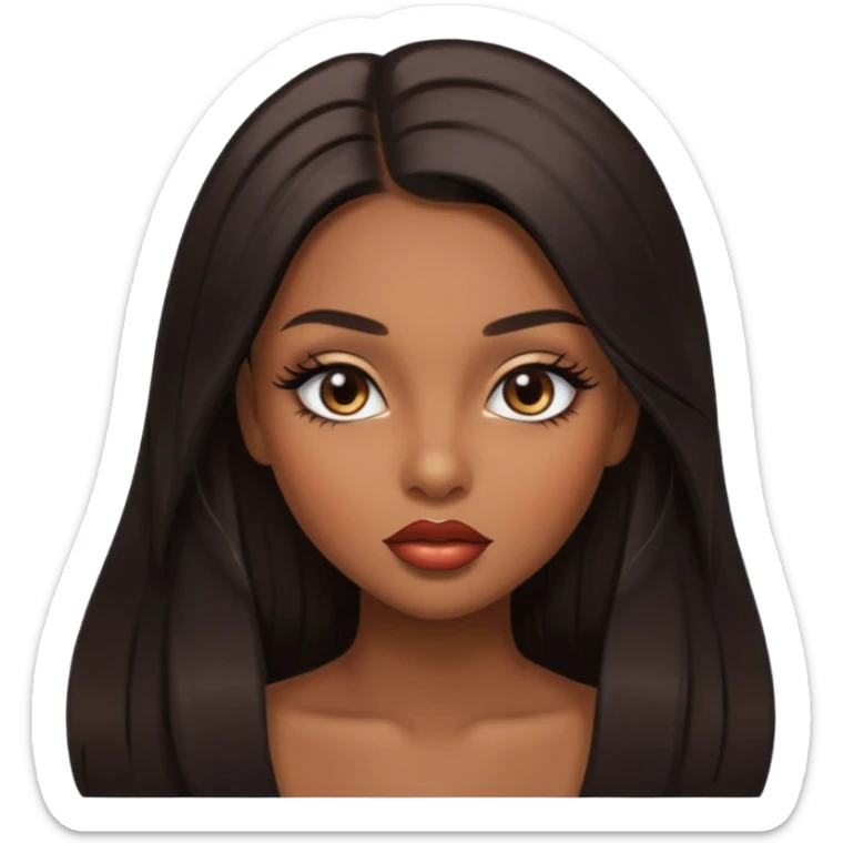 Glamourous, brown skin tone, very beautiful girl, with big plump shiny lips, long long lashes, black straight smooth silky long hair, straight parting  hair, brown eyes sticker