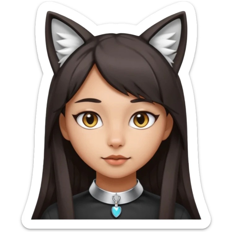 woman with medium skin tone and long straight dark hair, cat ears (no headband), wearing a cute pink or silver collar sticker