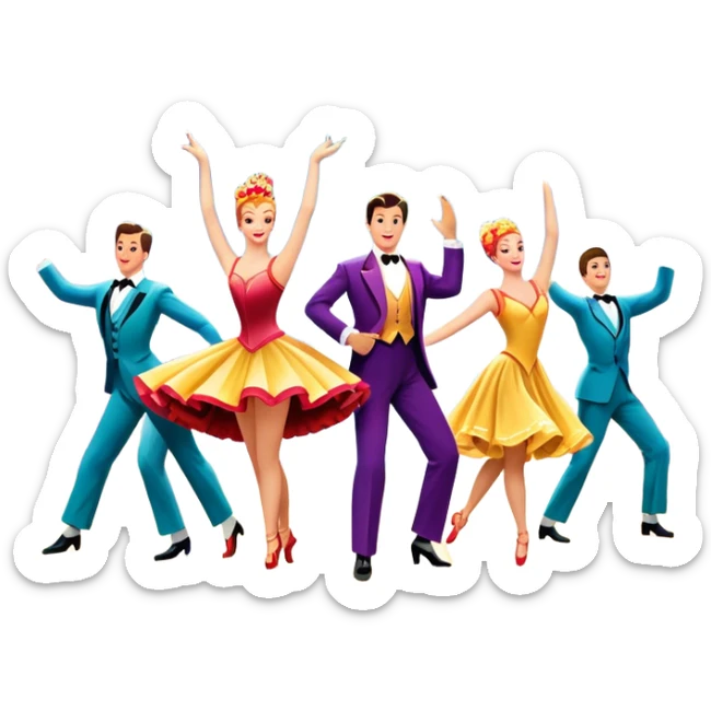 Icon for Musical Movie: A vintage movie poster-style design with a lively, colorful scene—dancers in glamorous costumes, bright lights, and musical notes floating in the air. Include elements like a grand stage, a spotlight, and instruments. Retro cinematic feel. Transparent background. sticker