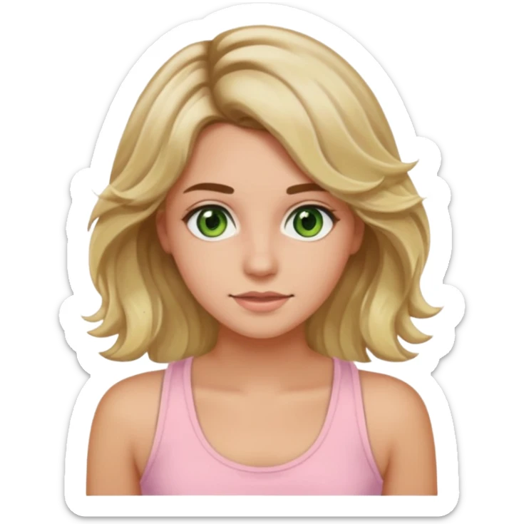 ca you make her hair a 20-year-old girl with long wavy hair brown roots blonde highlights green eyes brown eyebrows good summer tan iPhone emoji style with light pink tank top can you make her hair a little longer please sticker