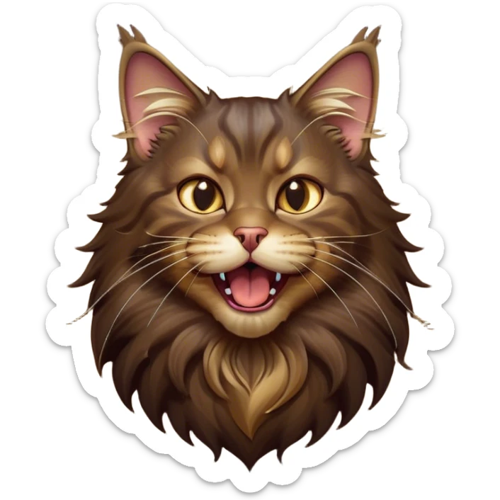 Cinematic Cute Dark Brown Maine Coon Cat Portrait Emoji, Head tilted playfully and yawning, sleek deep brown and gold tones with subtle hints of black, Simplified yet adorable features, highly detailed, glowing with a warm, friendly glow, high shine, curious and affectionate, stylized with a touch of whimsy, bright and alert, soft glowing outline, capturing the essence of a mischievous yet loving kitten, so endearing it feels like it could leap out of the screen and stretch with its fluffy tail swishing! sticker
