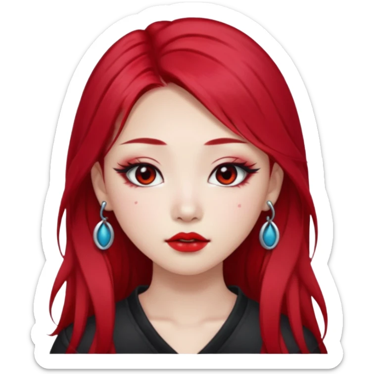pretty girl asian, red cherry long hair,makeup grunge,Eyebrow and lip piercing sticker