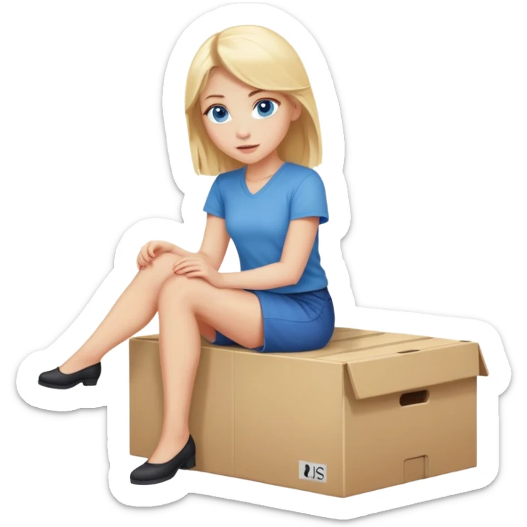 blonde woman with blue eyes and blonde hair sitting on a moving box sticker