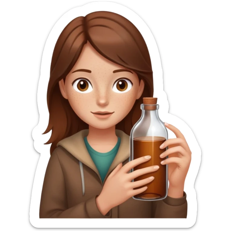 A girl with a very beautiful bottle, the girl is wearing brown clothes, has fair skin, brown hair and freckles sticker