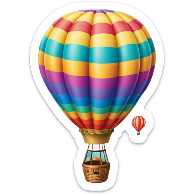 A colorful hot air balloon floating gracefully above the ground, with a clear sky and distant hills in the background. The balloon's vibrant colors stand out against the soft clouds, capturing the peaceful yet adventurous spirit of hot air ballooning. sticker