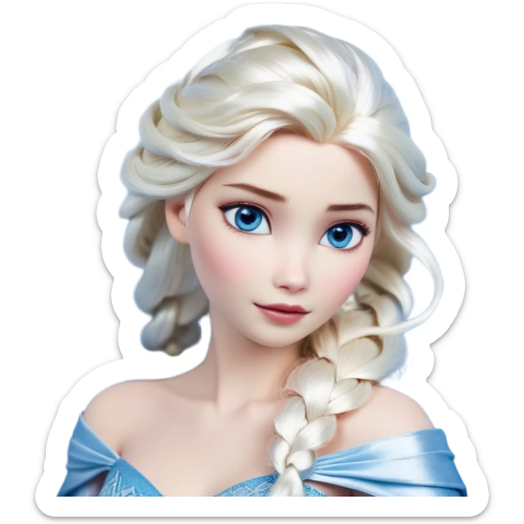 Cinematic Realistic Elsa Portrait, depicted with lifelike skin texture, soft natural lighting, and intricately detailed platinum blonde hair styled elegantly. Her striking, expressive blue eyes exude confidence and grace, complemented by a serene and regal expression. She is dressed in her signature icy attire, with shimmering fabric textures and delicate folds that catch the light beautifully. The portrait features a soft, enchanting glow with a cool, radiant finish, capturing the essence of timeless elegance in a realistic and painterly style, evoking a sense of depth and authenticity. sticker