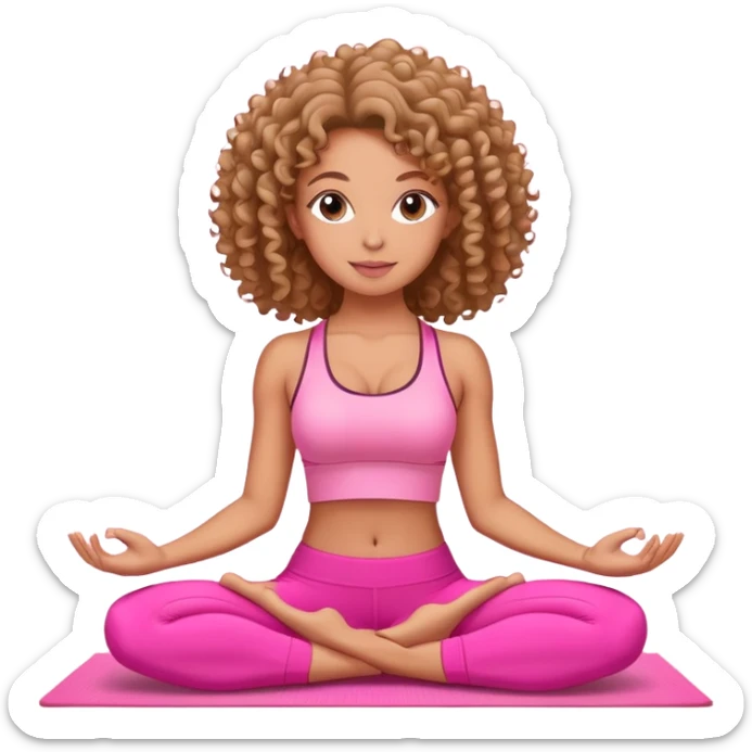 Uma mulher de cabelo cacheado, usando roupa de yoga rosa, em uma posição de yoga bonitinha  sticker