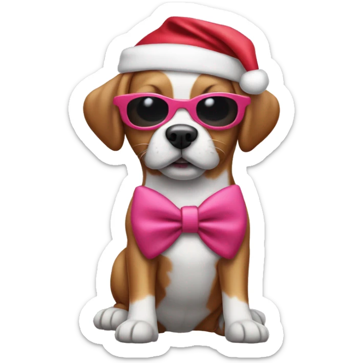dog with pink sunglasses with a santa hat and red clothes and a white bow tie sticker