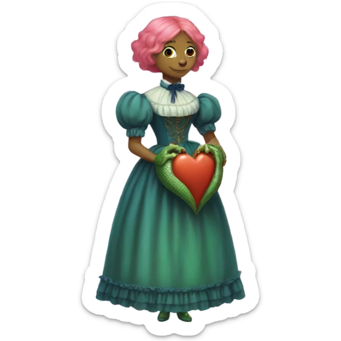 a green reptilian woman in Victorian orange and blue dress, pink hair,holdig, red big hearth, full body sticker