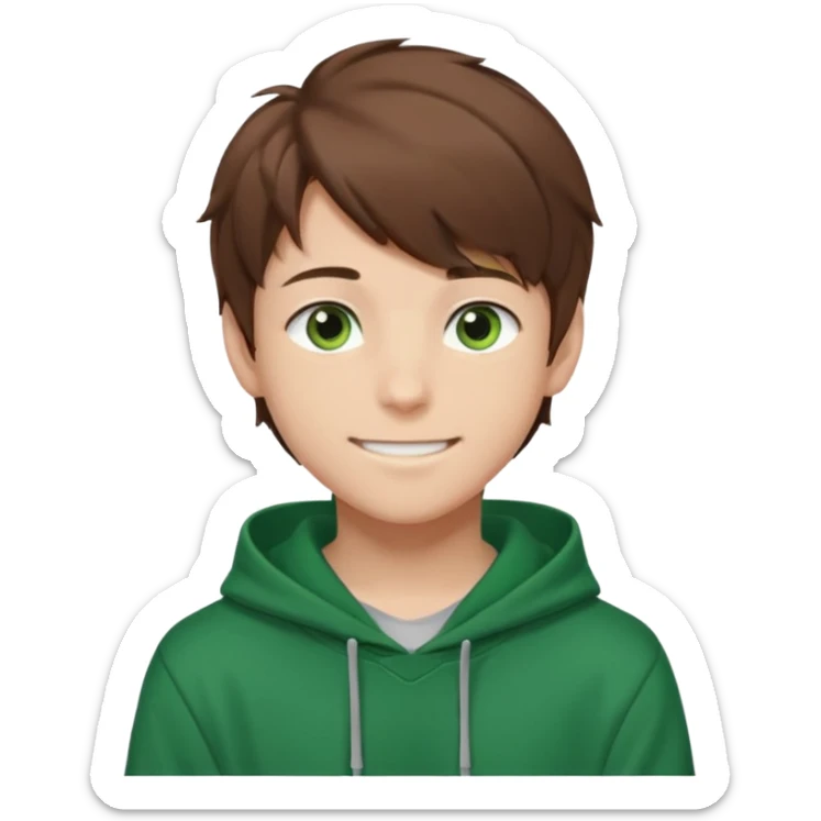 the face of an Anime teen boy with brown hair, green eyes, looking smiling slightly sideways positioned. Face must be main filling of the emoji. A little piece of hoodie can be visible. 128px sticker