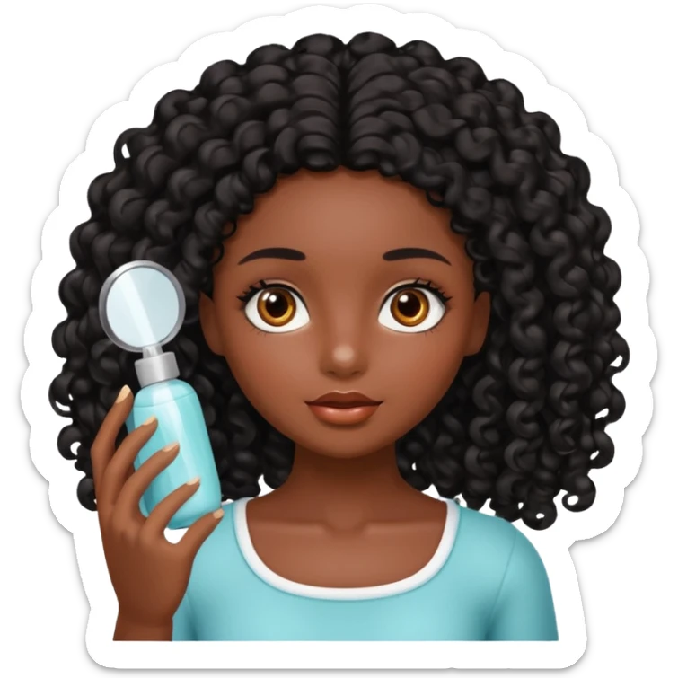 Uma boneca morena escura com olhos castanhos e cabelo cacheado longo preto, fazendo skin care sticker