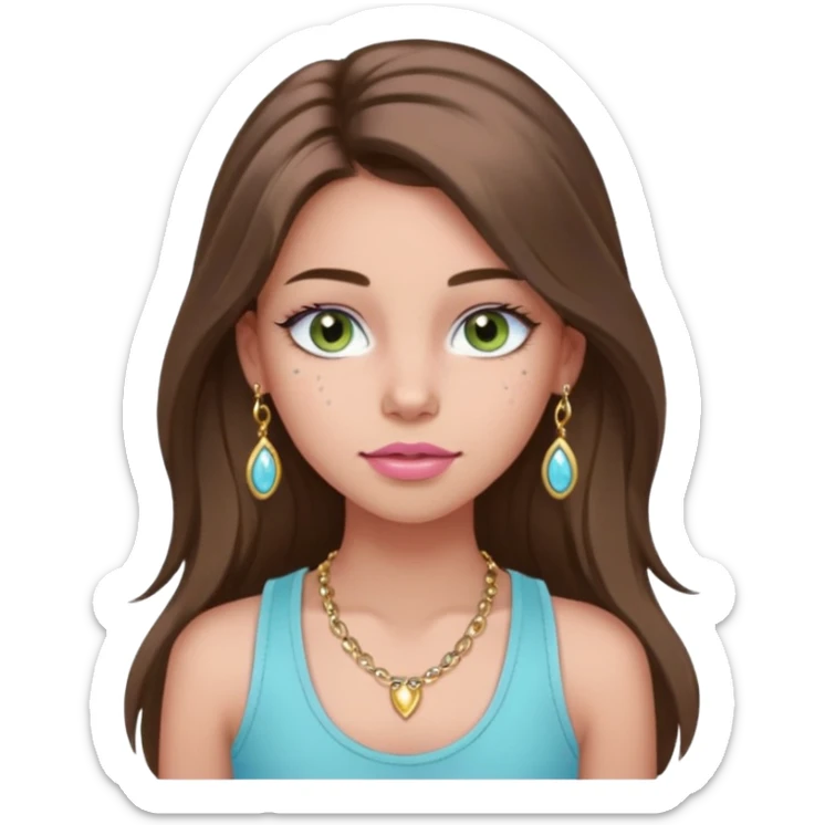 Create a teen girl wearing a light blue tank top. She will have long brunette hair, tan skin, pink lips, and grey-green eyes. She has long eyelashes. She also has light freckles and is wearing tiny gold jewelry sticker