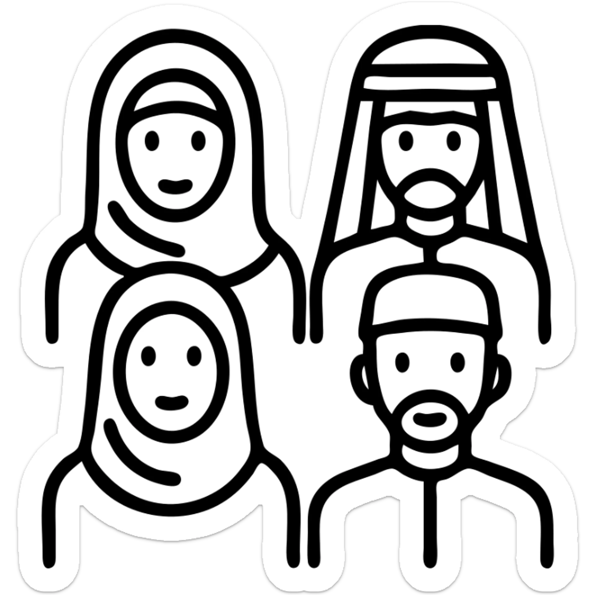 icon of a group of diverse Islamic people including men and women in traditional attire, modern icon style, simple and inclusive, no text sticker