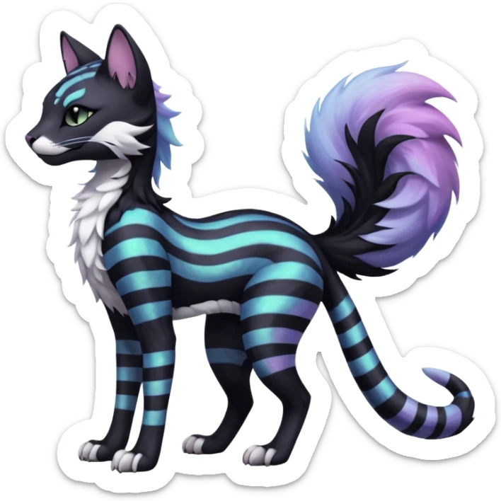 Kawaii black pastel iridescent beautiful pretty elegant divine edgy fantasy feline-vernid-sergal-fursona animal creature with a tufted tail full body with intricate markings  sticker