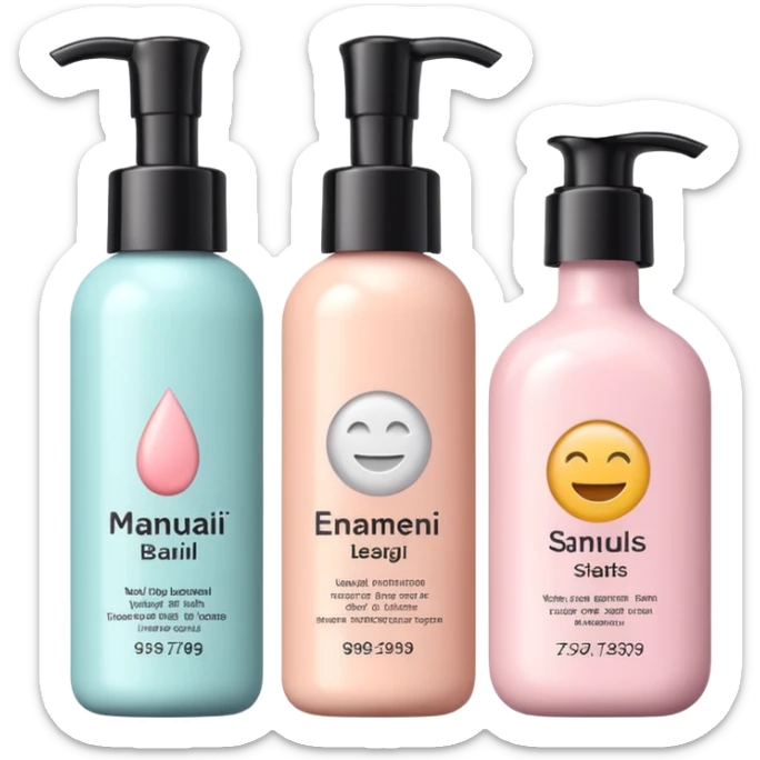 emoji of three different beauty products, with brand labels, minimalistic but luxury design (realistic), pastel colors sticker