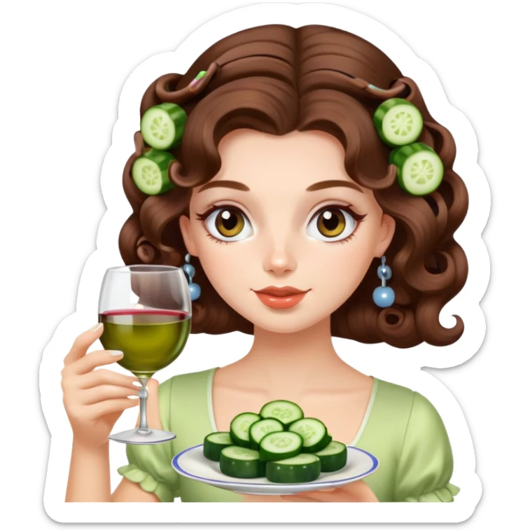 Beautiful girl with long brown hair with curlers in hair and cucumber on eyes, sipping wine from teacup sticker