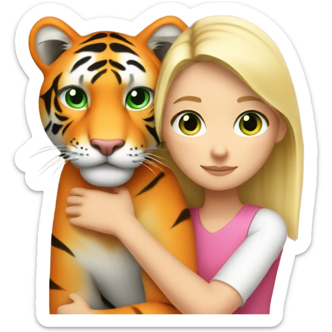 A blonde white girl with green eyes in pink hugs an orange tiger sticker