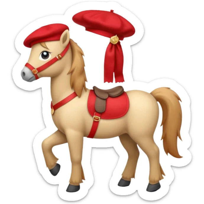 A cute pony (horse) emoji, full body, standing in side view, wearing a stylish red beret. sticker