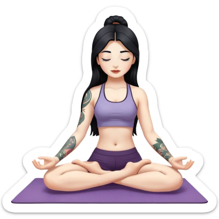 Yoga girl on a mat with white skin, long black hair and eyes closed, with just left arm tattooed sticker