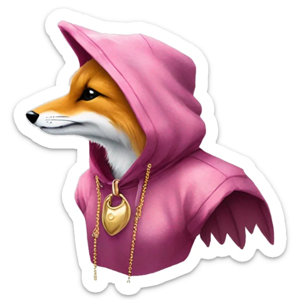 Pink magenta burgundy maroon cyan beige gray fox wearing a pink hoodie with gold jewellery gold piercings gold ear piercing gold nose piercing vintage watercolour tie dye black raven wings sticker
