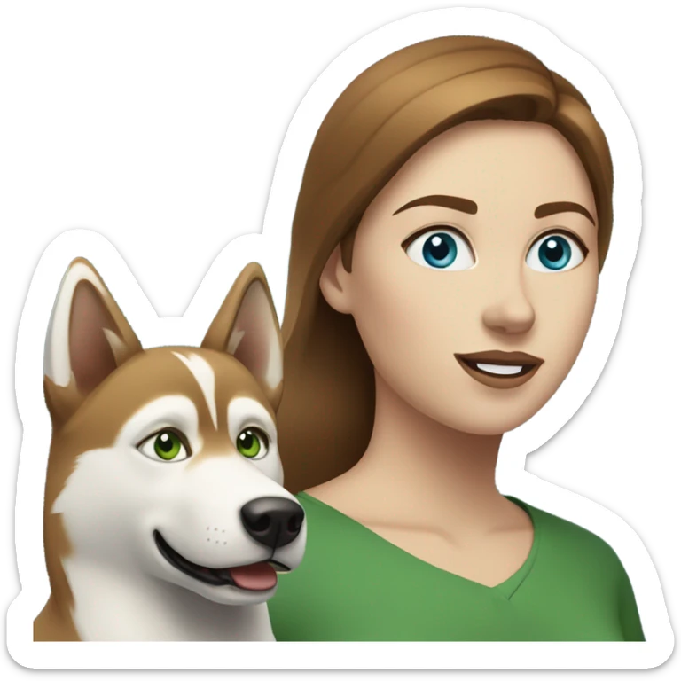 White Woman hair brown and bleus eyes and golden Husky With green eyes sticker