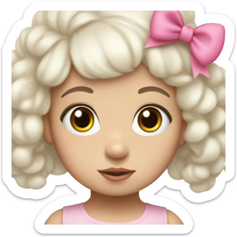 white and korean baby girl with big eyes, black hair and a pink bow in her hair. sticker