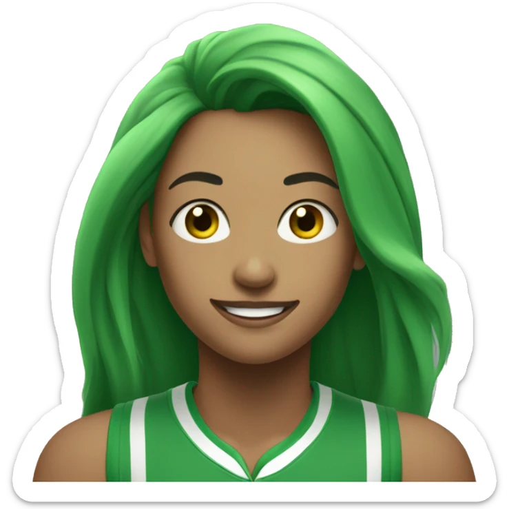 A woman in a green sports top with long green hair smiles broadly. Green eyes. Freckles sticker