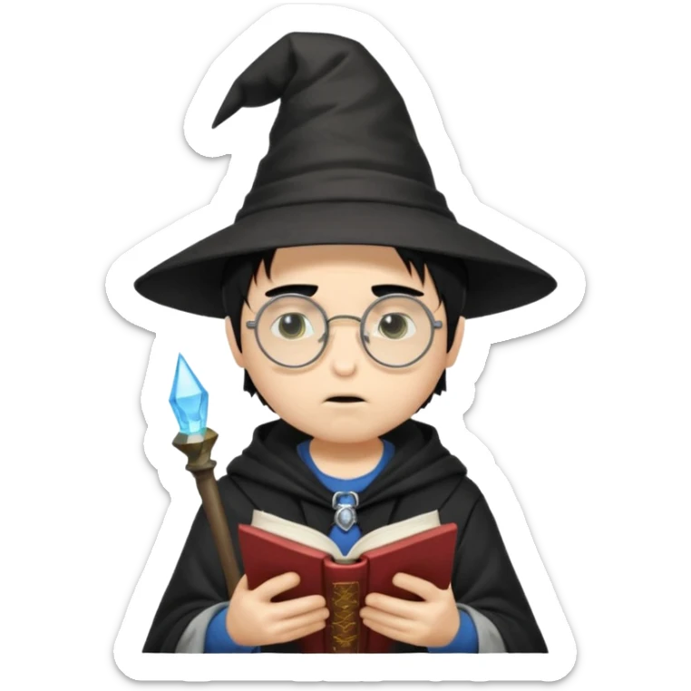 ["A sad boy with light skin, straight hair, wearing a wizard hat and round glasses, dressed in punk fashion, is reading a book while holding a phone."] sticker