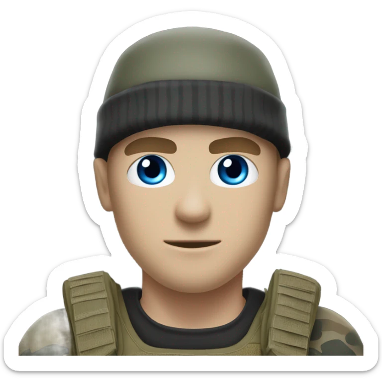 White male, call of duty black mask, camo tactical gear, combat boots, black beanie, blue eyes sticker