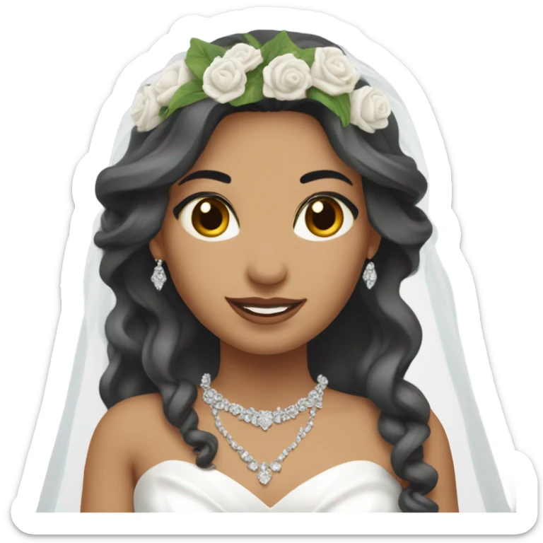 torso of a latina bride with long hair, silver jewelry and a bouquet sticker