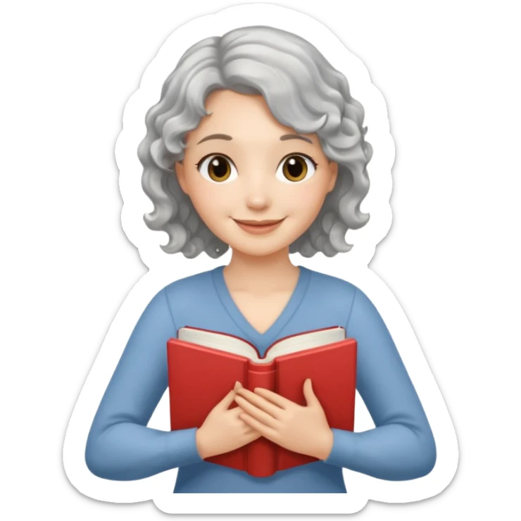 Silver hair, wavy/curly hair chin-length lady giving hug with 2 arms,  v-neck and smiling, add a favorite book sticker