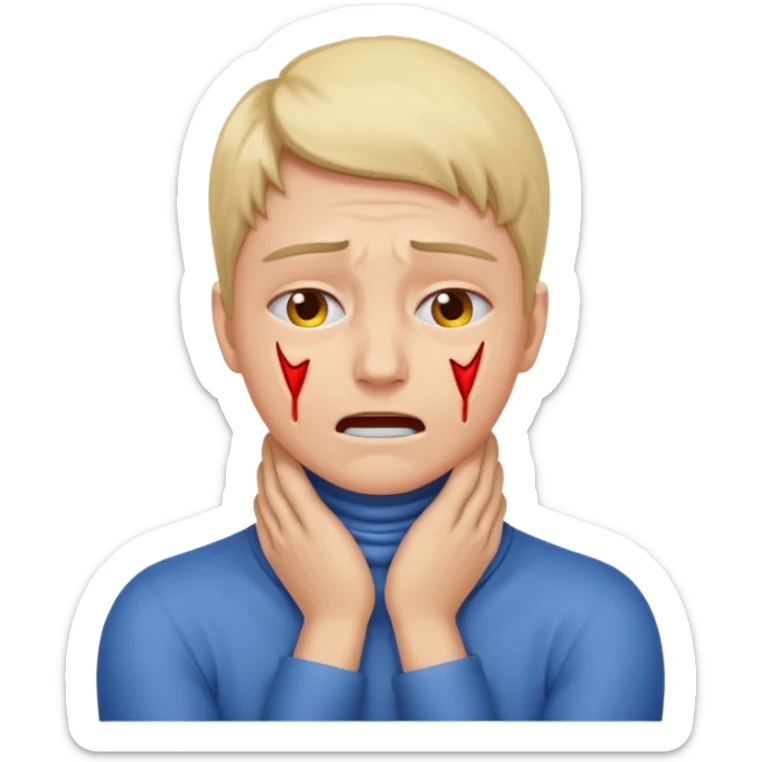 a bust of a person with both their hands around their neck with a face in pain sticker