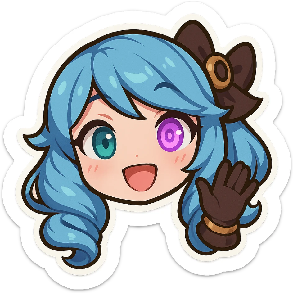 chibi style Gwen from League of Legends, only head, right eye glowing purple, waving gloved hand, cheerful and lively sticker