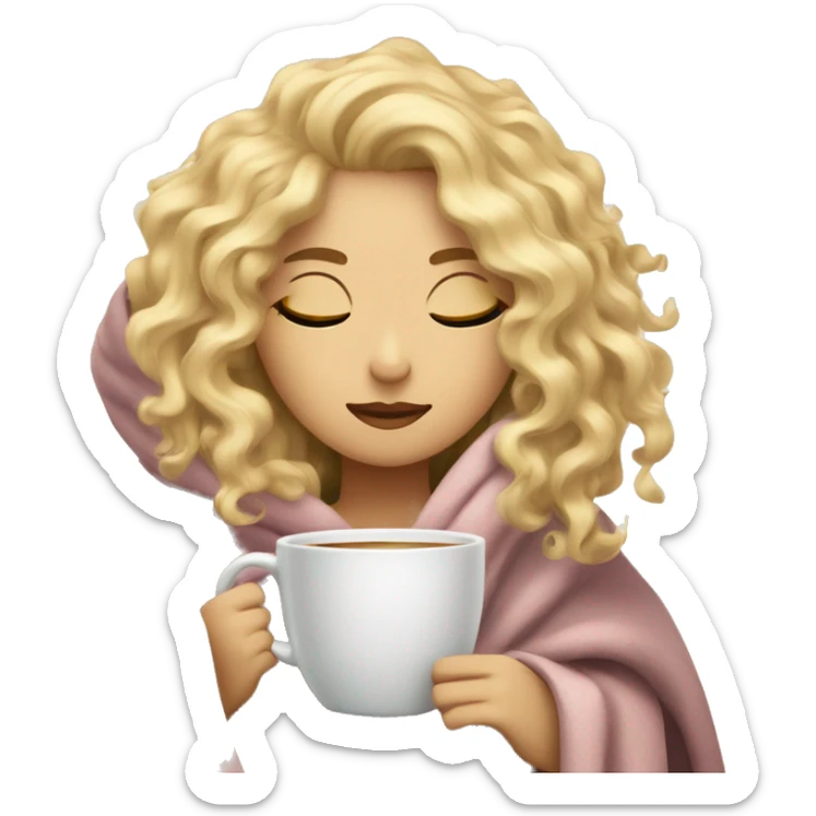 Blonde  hair curly girl inside a blanket sipping coffee eyes closed sticker