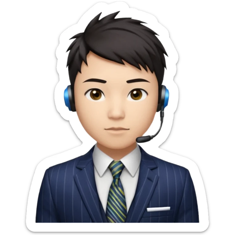 30 years old full kind of chubby face, very asian, short dark hair styled upward with a spiked swoop in front, a clean-shaven face, focused eyes, and a slim headset over one ear, wearing a dark pinstripe suit with a patterned dress shirt and a bright solid-colored tie visible from the chest up. sticker
