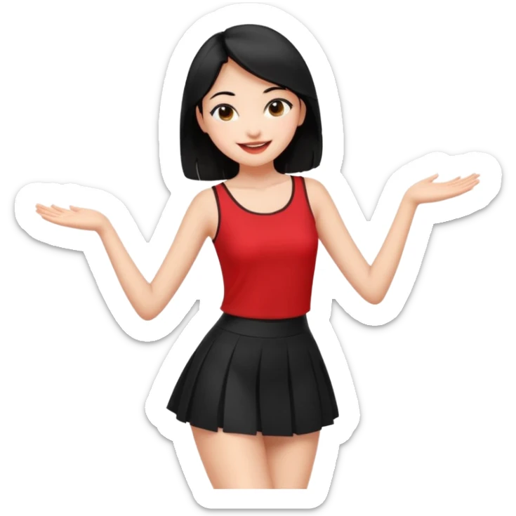 Chicas esbelta con falda corta negra y top rojo,pelo semi largo negro y lacio  super feliz,pero bailando sticker
