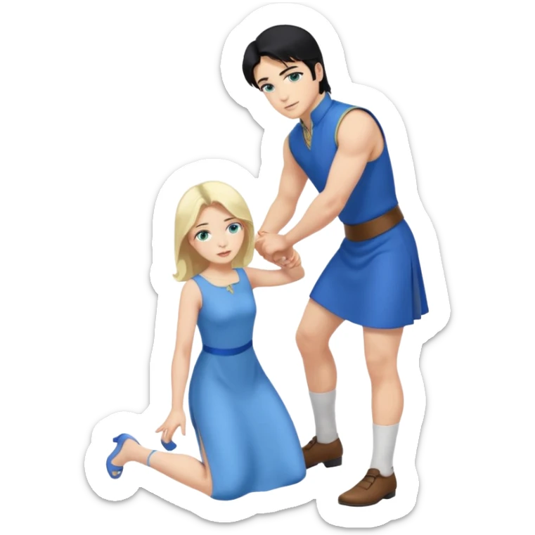 prince, upright, black Hair, blue eyes, blue garment,  Woman, blonde Hair, Green eyes, bending knee, sleveless, white Dress, sticker