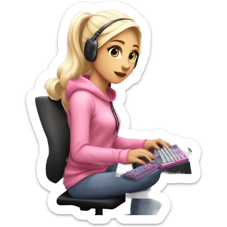 GAMER GIRL sitting next to a PINK gaming computer PINK GIRLY gaming setup LIGHTPINK white blond Girl  sticker