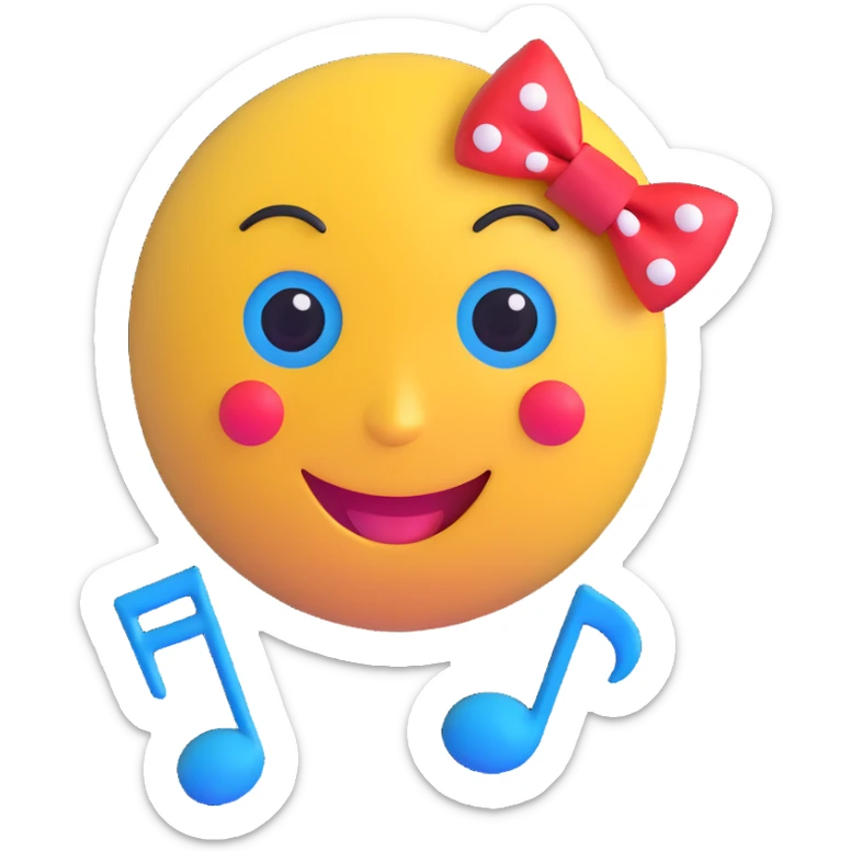 3D smiley emoji, large eyelashes, red polka dot bow, sad, teary eyes, blue eyes, musical notes sticker