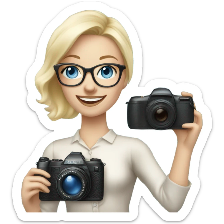 Elegant real blonde girl with glasses smiling blue eyes taking pictures with a camera  sticker