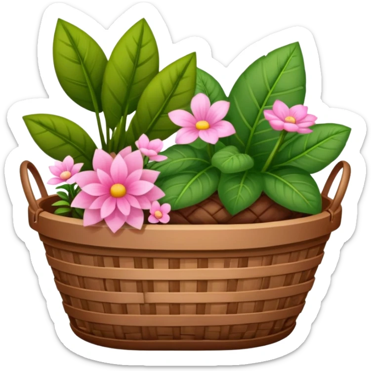 A brown basket of different plants with some pink aesthetic motives on the basket in an ios 18 emoji  sticker