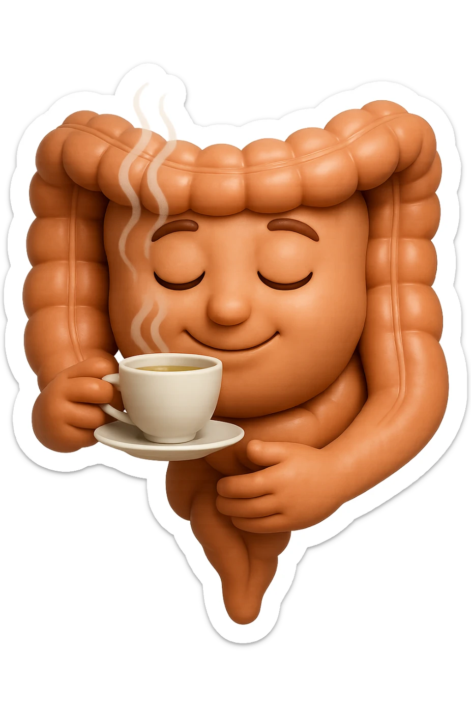 emoji stile iphone 3d di intestino umano sereno che si tocca la pancia mentre sorseggia un thè alle erbe, iperrealistico 4k sticker